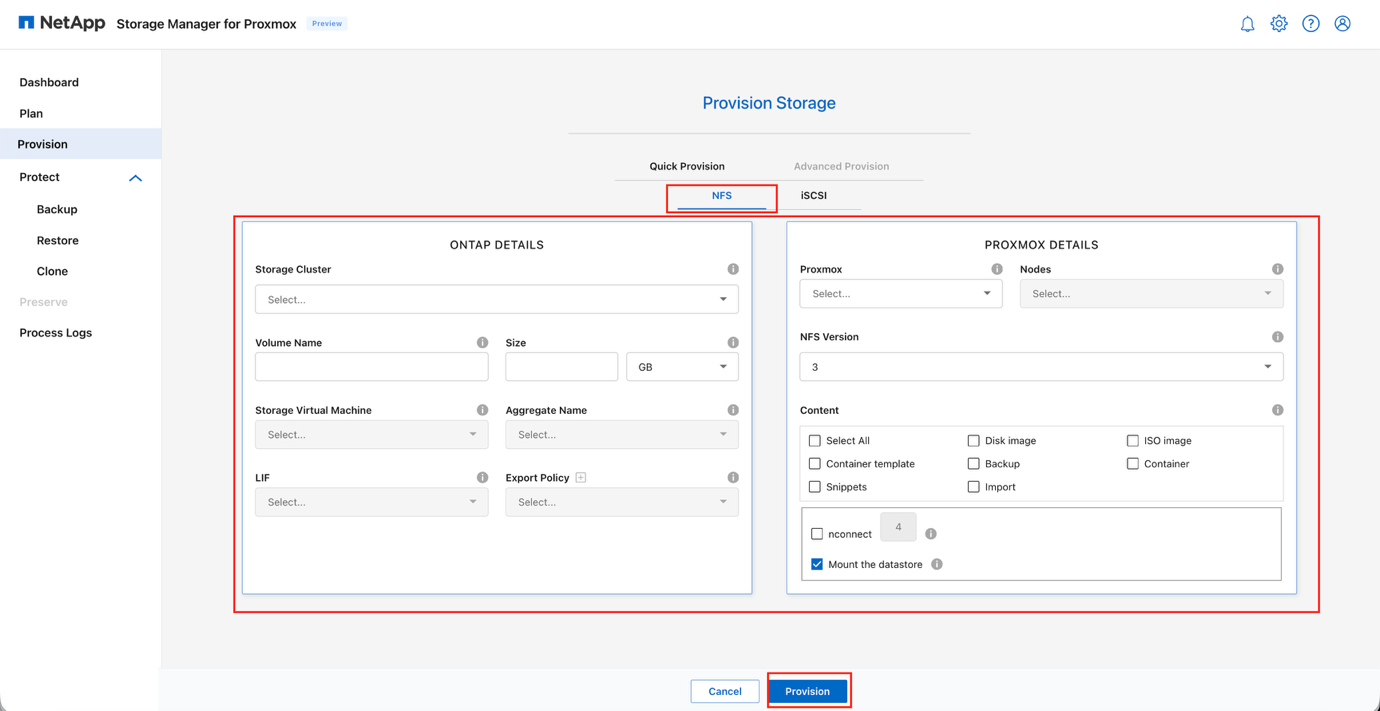 New Volume wizard with NFS selected in Quick Provision step
