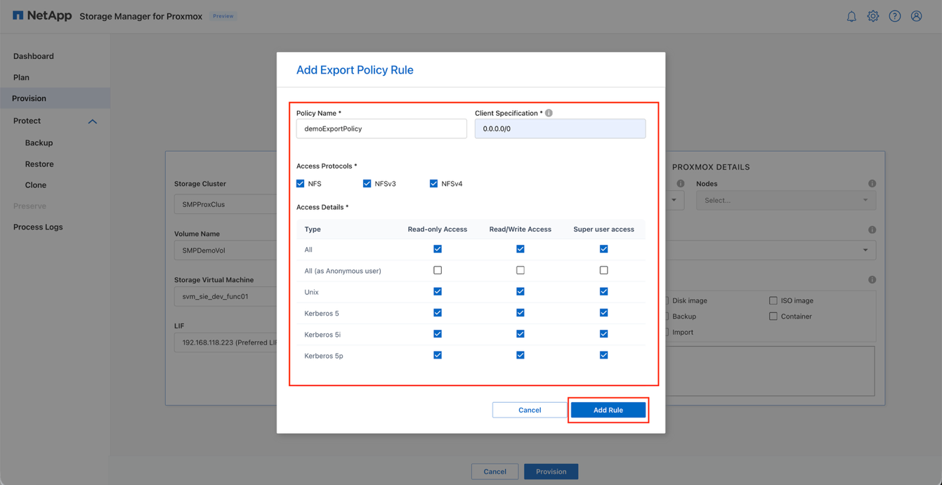 ONTAP Details section for NFS volume provisioning
