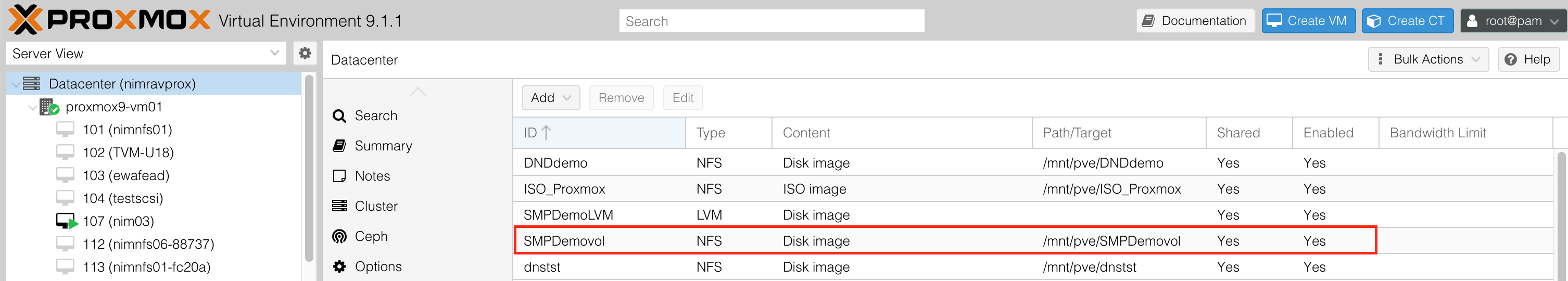NFS datastore registered in Proxmox cluster