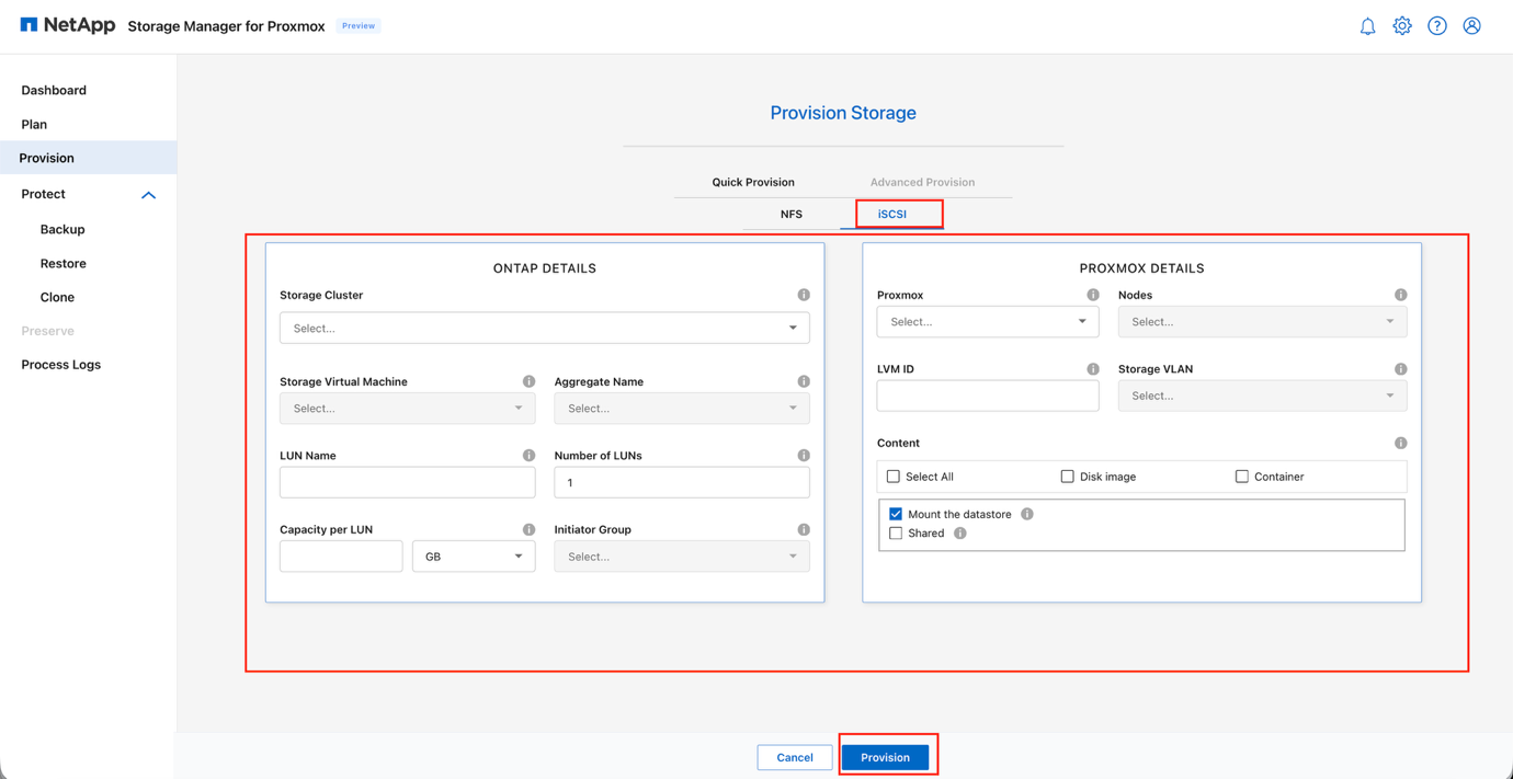 New Volume wizard with iSCSI selected in Quick Provision step