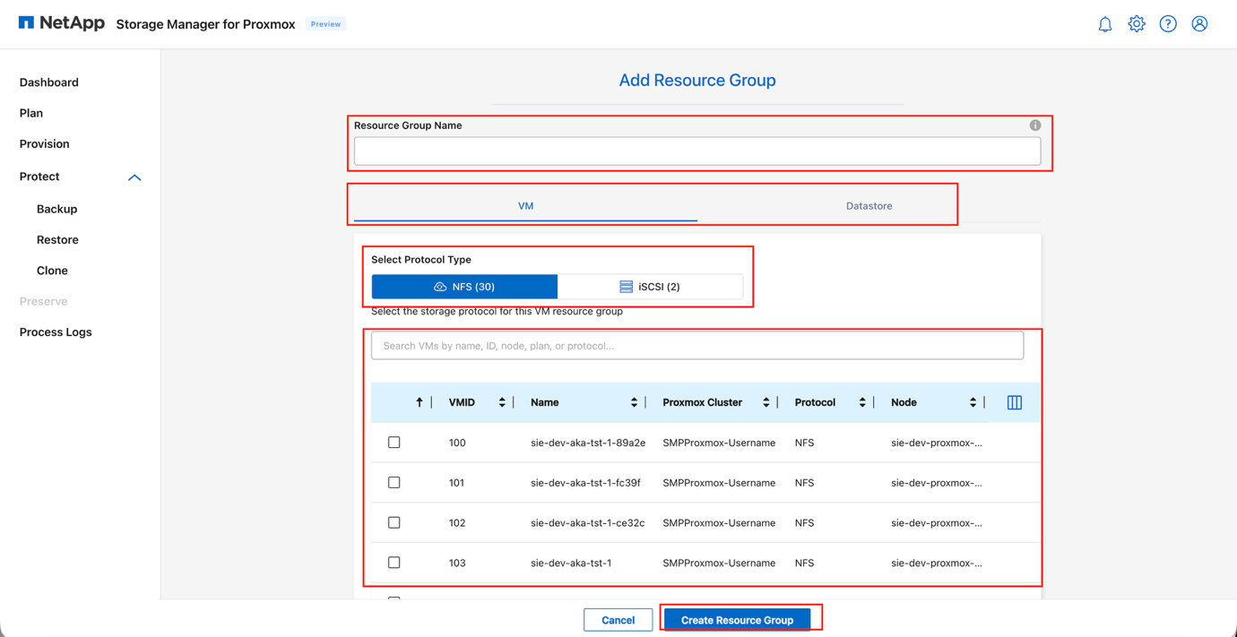 Create Resource Group dialog with VM and datastore selection options