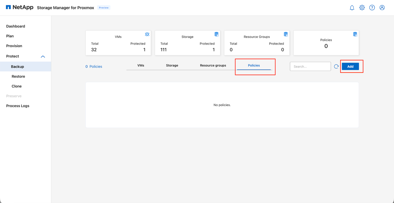 Backup Policies page with option to add a new policy