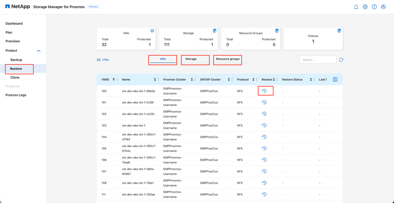 Restore page listing virtual machines