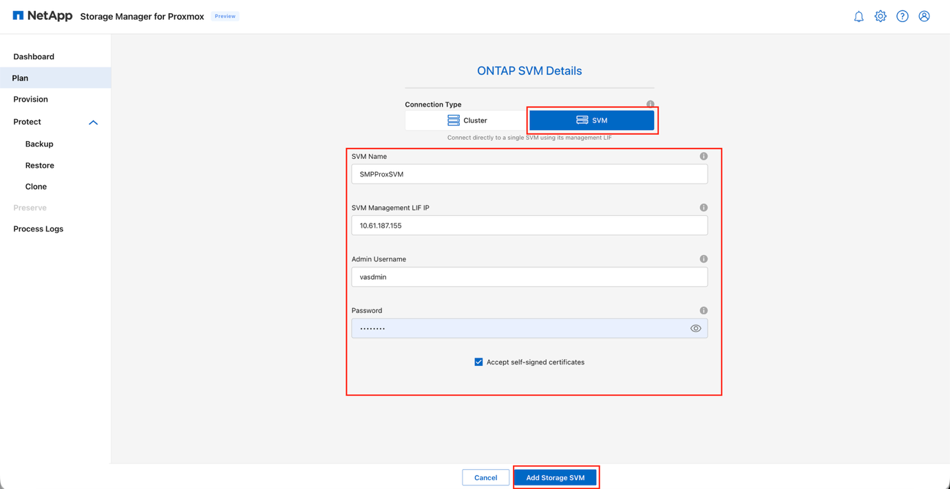 Add ONTAP dialog for SVM management LIF credentials