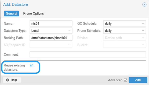 Reuse existing datastore in PBS