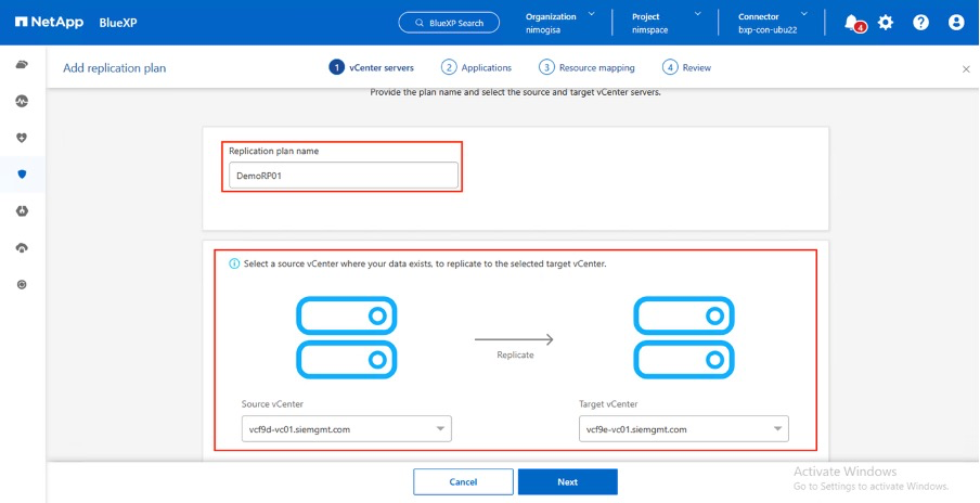 BlueXP target vCenter