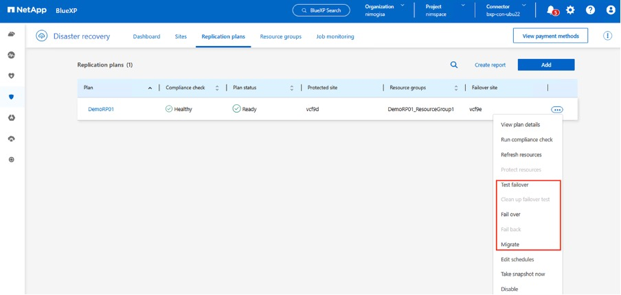 BlueXP replication plan actions