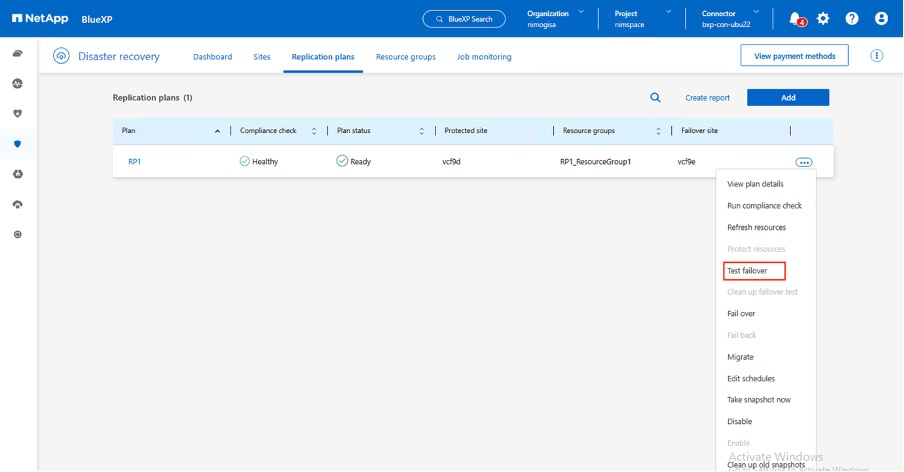 BlueXP replication plan test failover