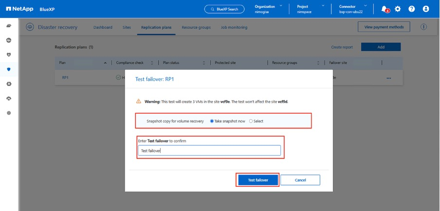 BlueXP replication plan test failover confirmation