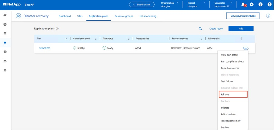 BlueXP replication plan failover action