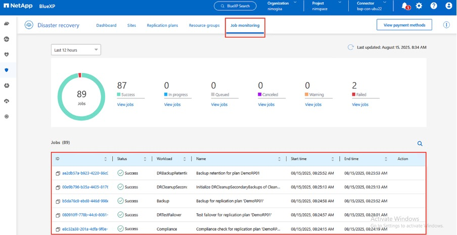 BlueXP job monitoring