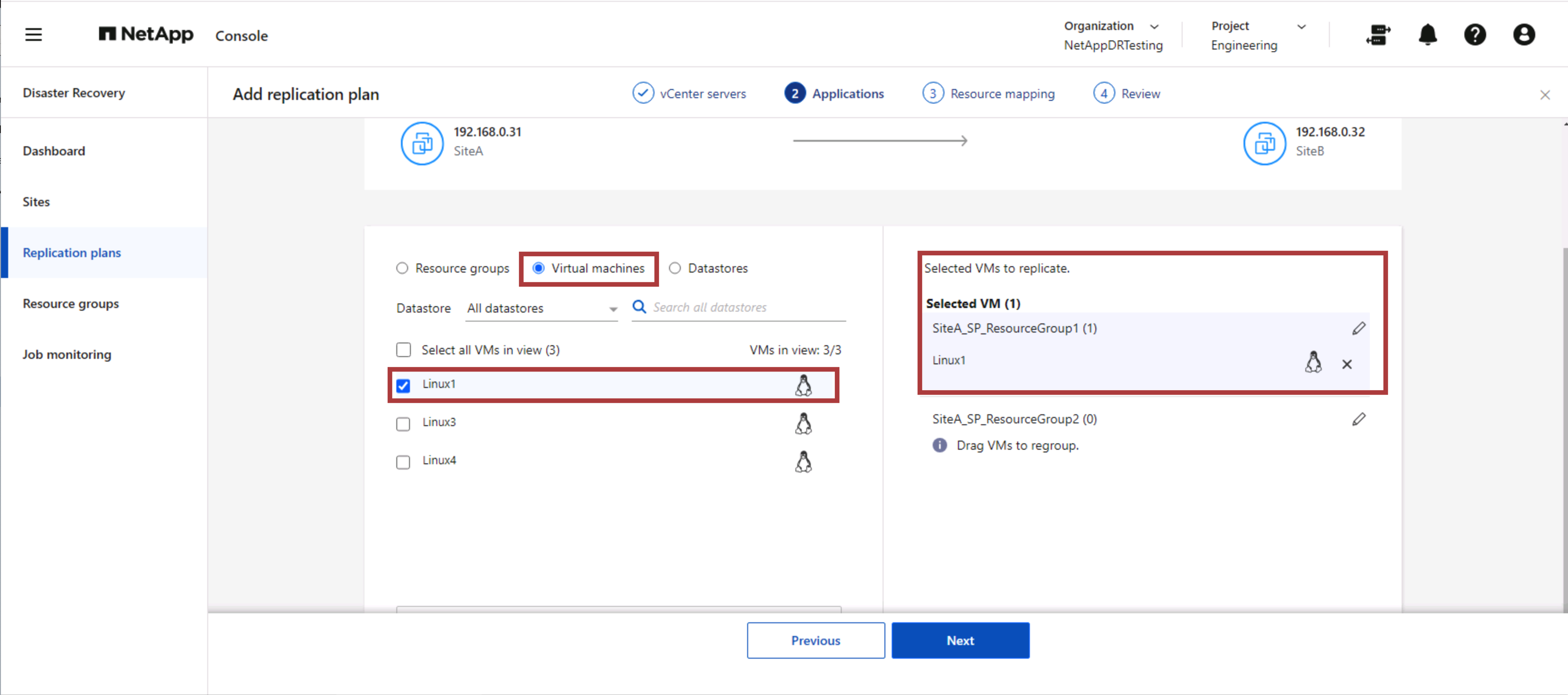NetApp Disaster Recovery select VMs to protect