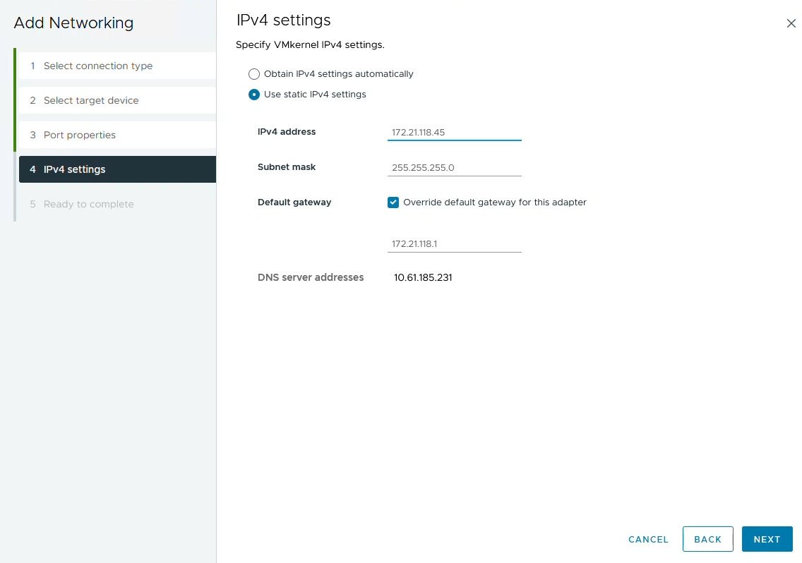 VMkernel IPv4 settings