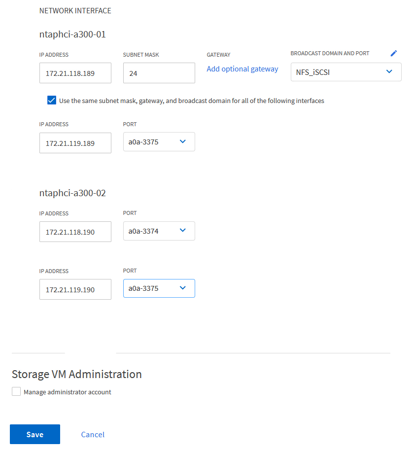 Fill out network info for LIFs