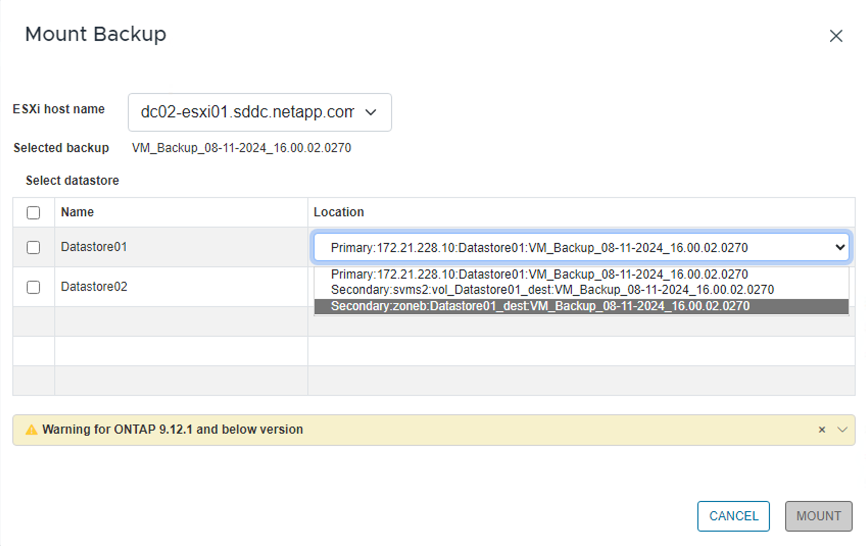 Datastore restore location options