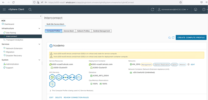 Screenshot of the vSphere client Interconnect page.