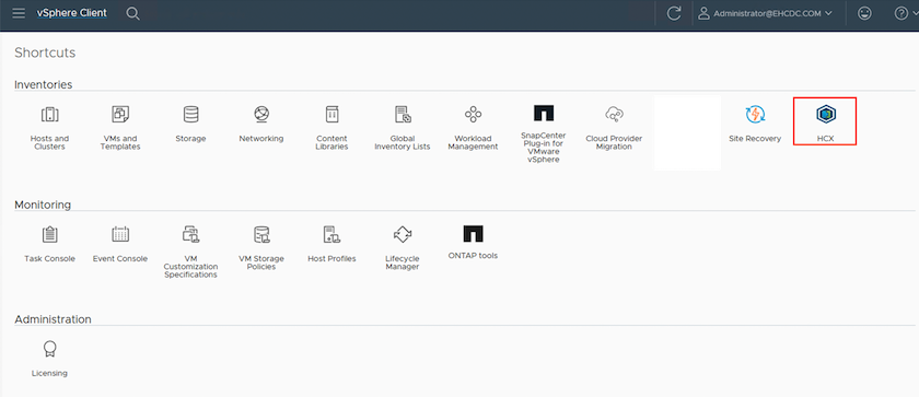 Screenshot of the HCX vSphere Web Client plug-in.