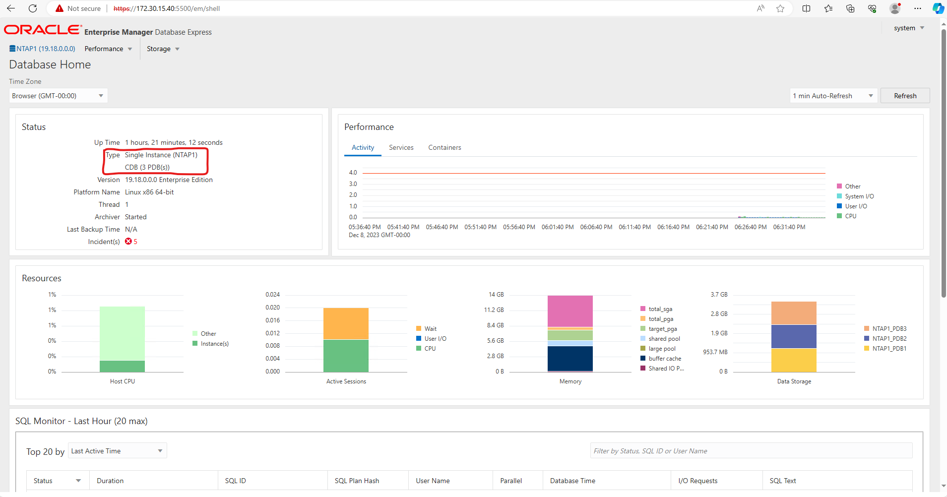 This image provides container database view from Oracle Enterprise Manager Express