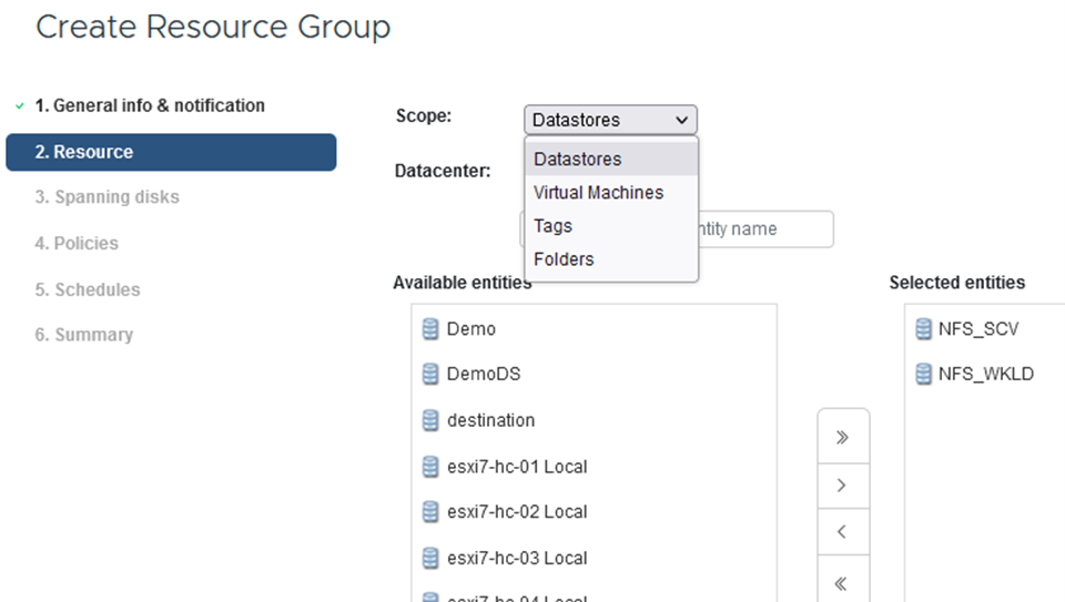 Select datastores and virtual machines