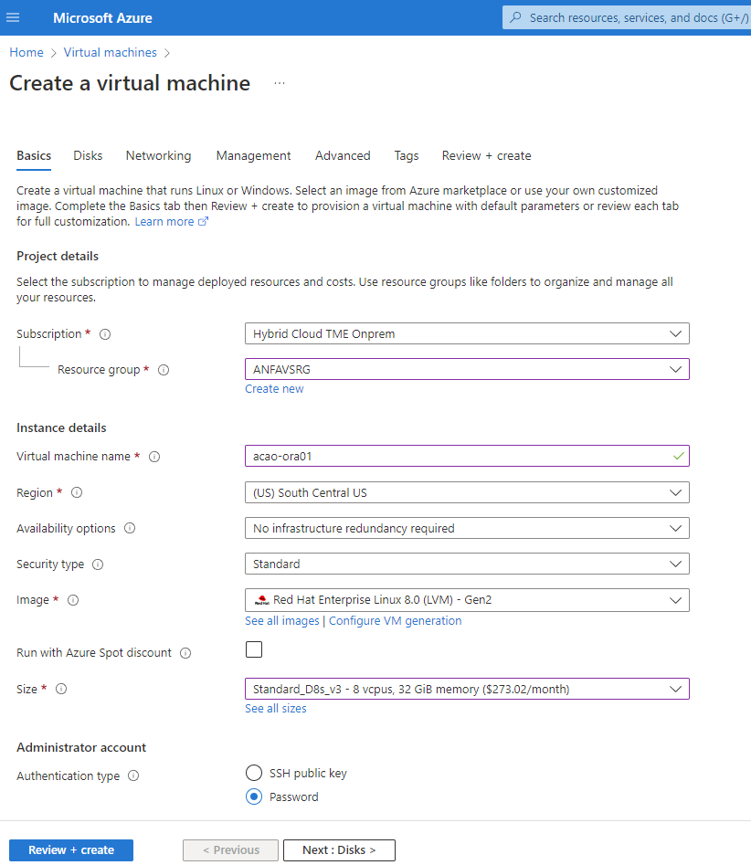 This screenshot shows the input for the Create a Virtual Machine page.