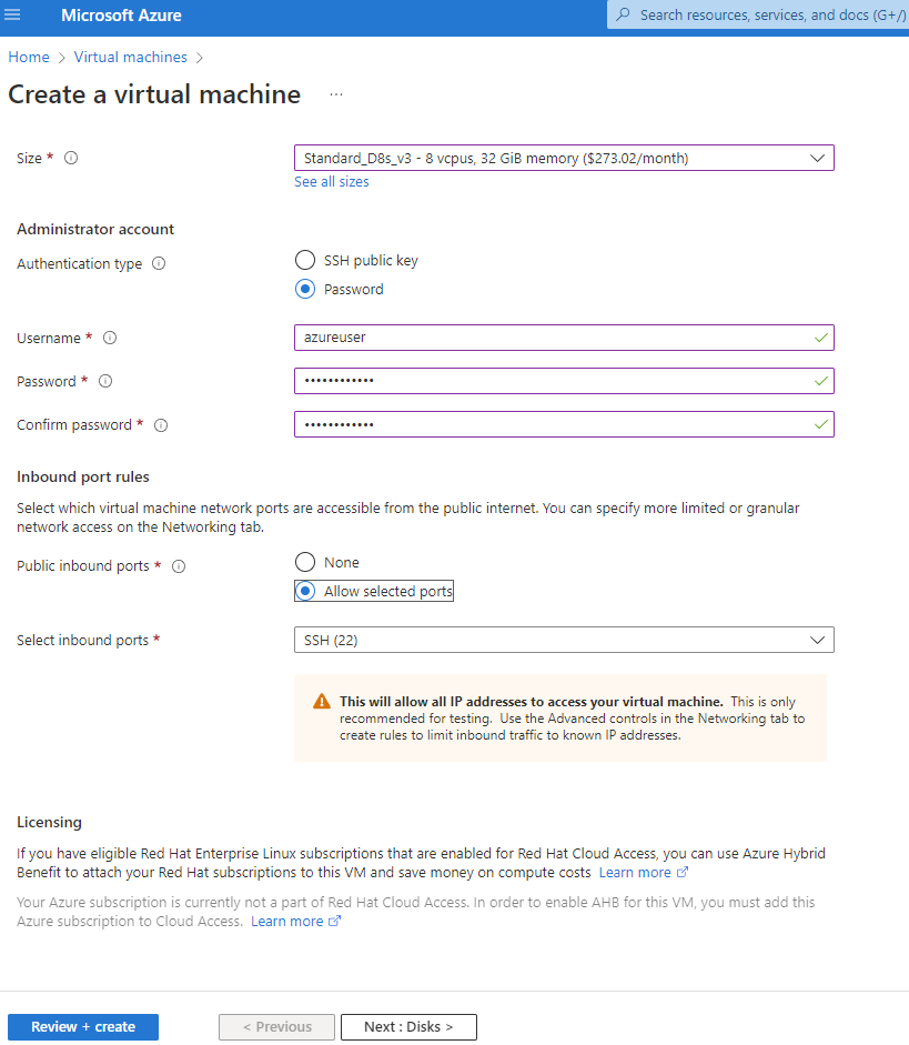 This screenshot shows additional input for the Create a Virtual Machine page.