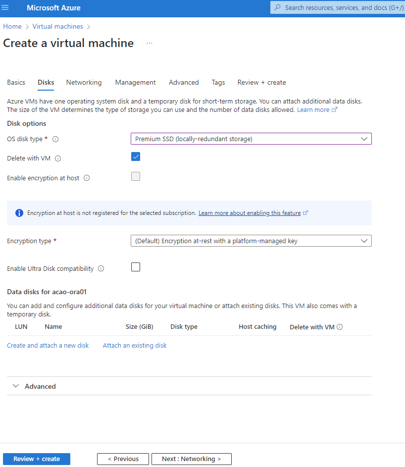 This screenshot shows the input for the Create a Virtual Machine Disks page.