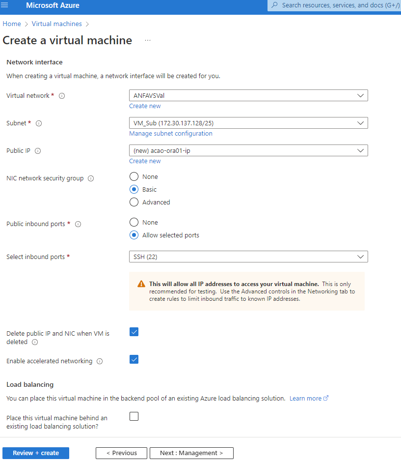 This screenshot shows further input for the Create a Virtual Machine page.