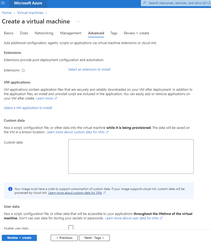This screenshot shows the input for the Create a Virtual Machine Advanced page.