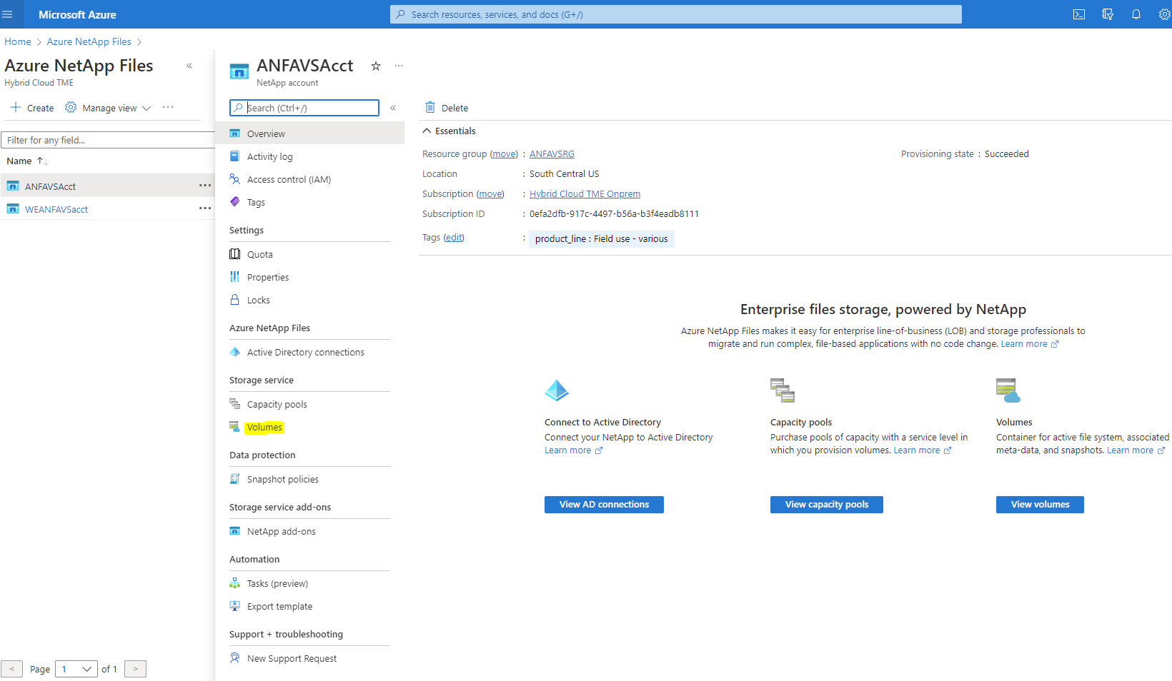 This screenshot shows the landing screen for a NetApp storage account.