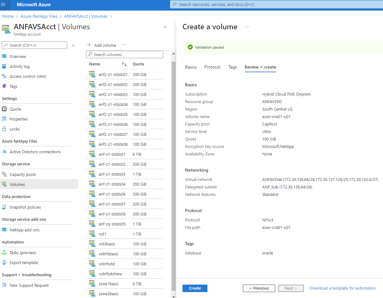 Review and create stage of the Volume creation screen.