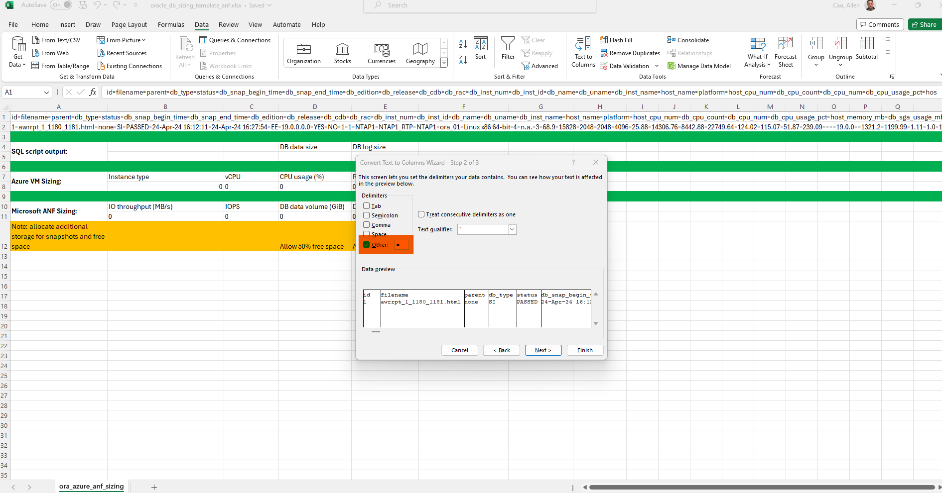 This image provides excel template screen shot for Oracle sizing