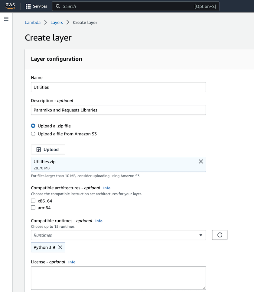 This image depicts the Create New Layer window on AWS console.