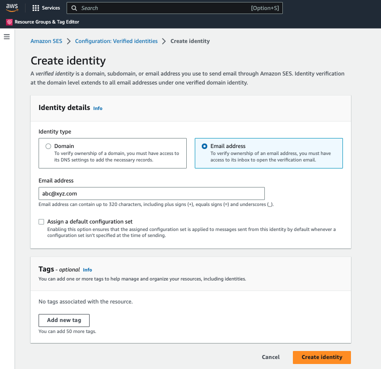 This image depicts the SES identity creation window on AWS console.