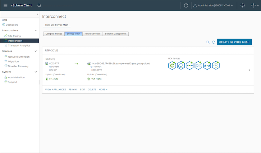 Screenshot of Service Mesh tab on the vSphere client Interconnect page.