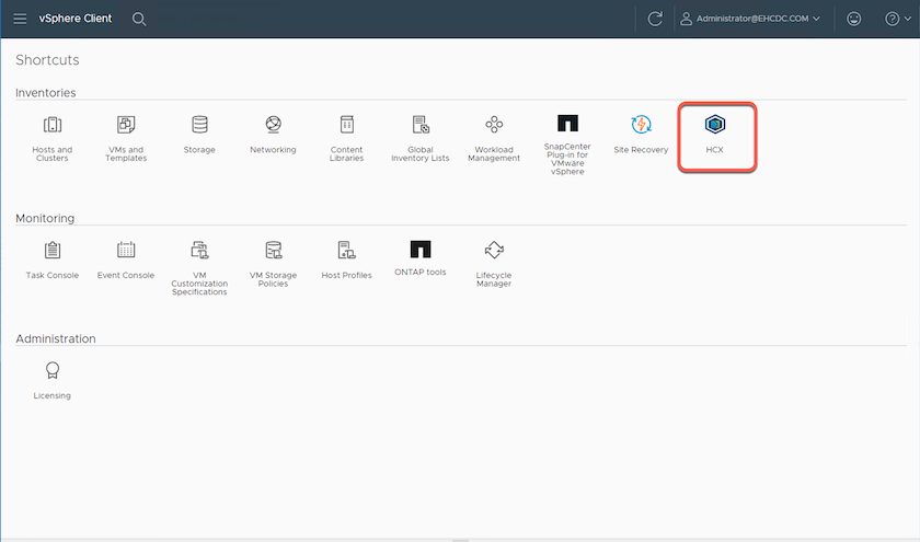 Screenshot of the HCX vSphere Web Client plug-in.