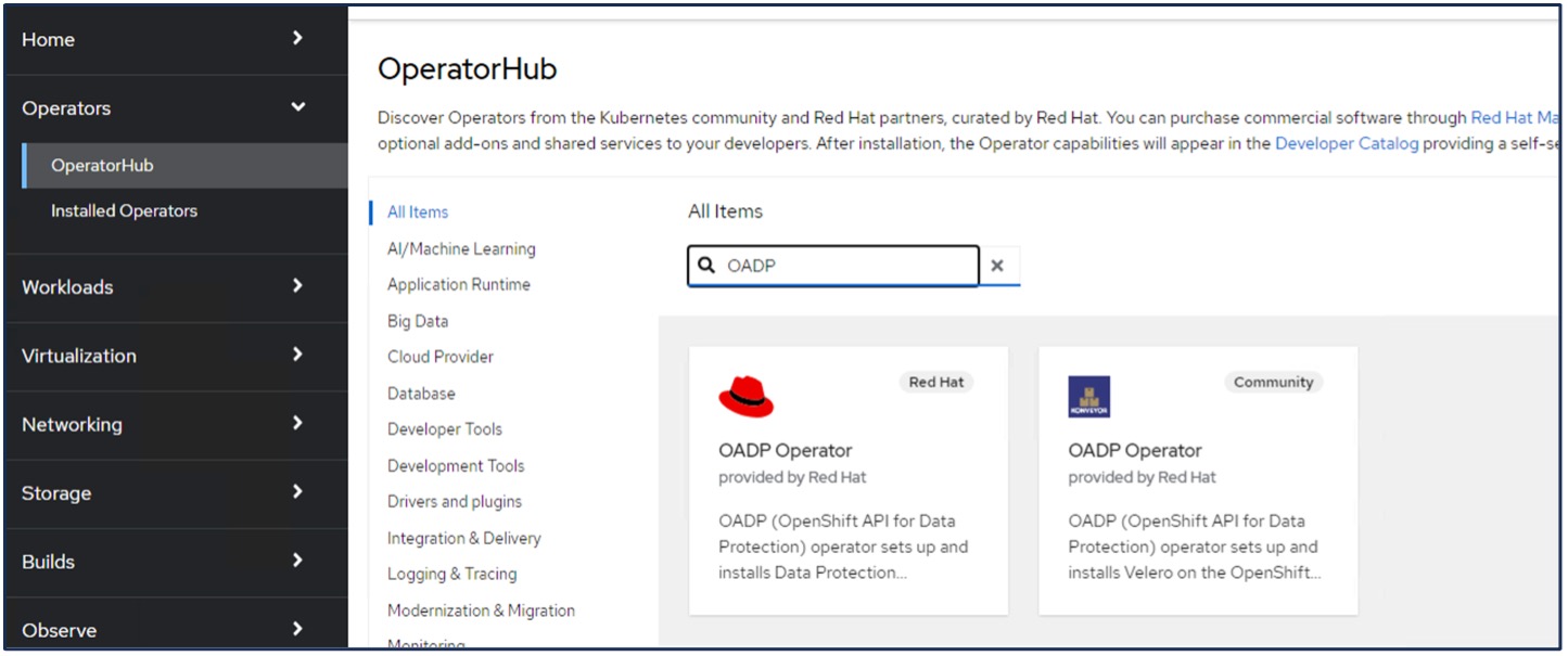 OpenShift API for Data Protection in Operator Hub