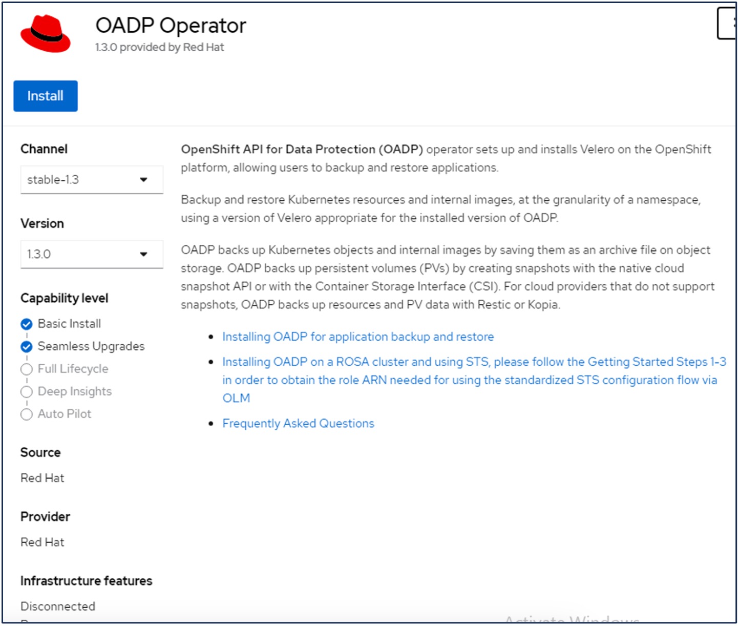 OpenShift API for Data Protection Operator installation
