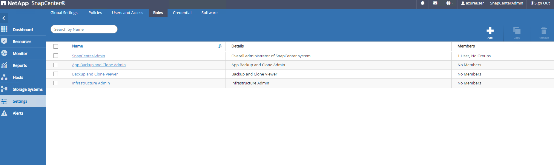 This image provides Roles for SnapCenter server