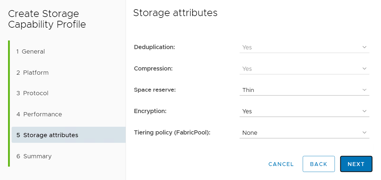 Screenshot showing a custom storage capability profile configuration.