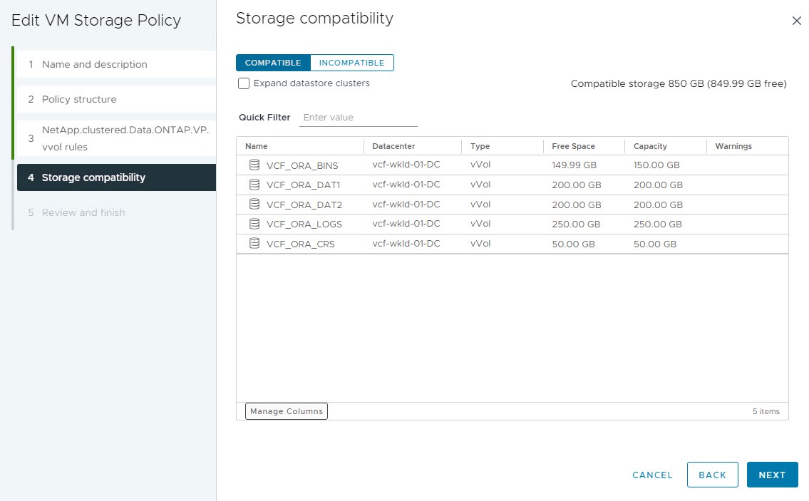 Screenshot showing a VM storage policy configuration.