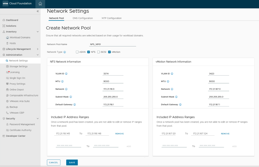 Network Pool Configuration