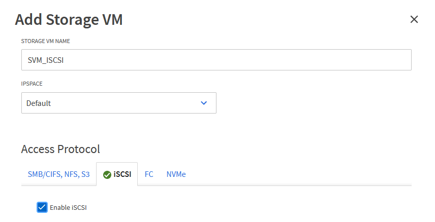 Add storage VM wizard - enable iSCSI
