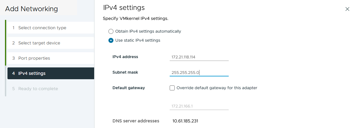 VMkernel IPv4 settings