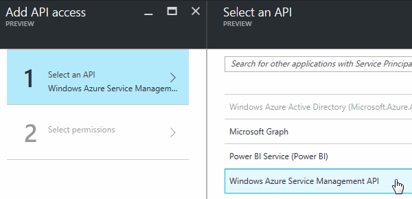 Shows the API to select in Microsoft Azure when adding API access to the Active Directory application. The API is the Windows Azure Service Management API.