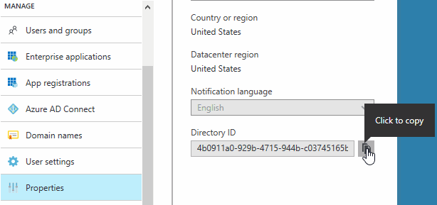Shows the Active Directory properties in the Azure portal and the Directory ID that you need to copy.