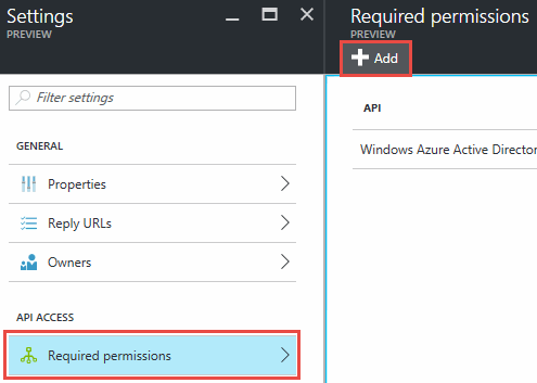 Shows the settings for an Active Directory application in Microsoft Azure and highlights the option to add required permissions for API access.