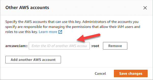 This screenshot shows the "Other AWS accounts" dialog box from the AWS KMS console.