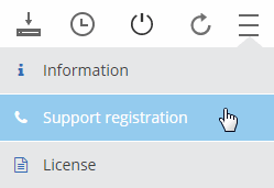 Screen shot: Shows the Support registration option selected in the menu icon for a Cloud Volumes ONTAP system.
