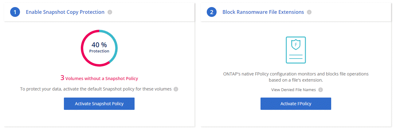 A screenshot that shows the Ransomware Protection page that is available from within a working environment. The screen shows the number of volumes without a Snapshot Policy and the ability to block ransomware file extensions.