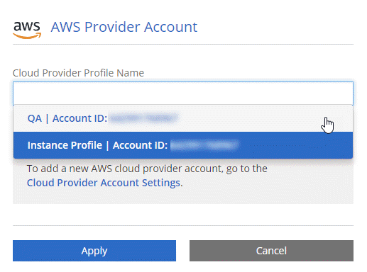 A screenshot that shows selecting between cloud provider accounts after clicking Switch Account in the Details & Credentials page.